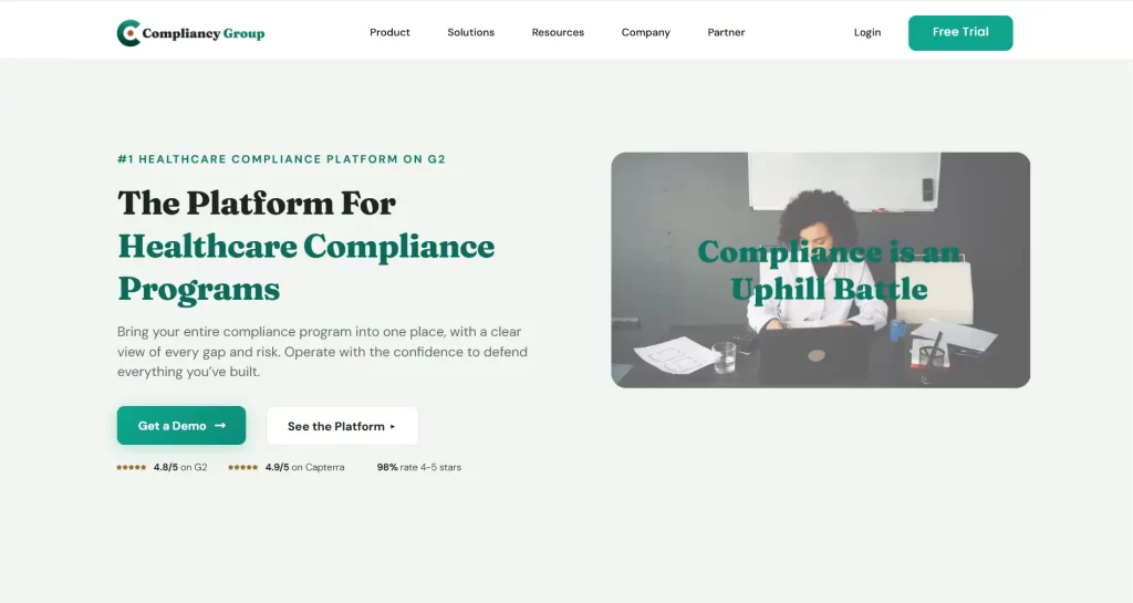 Compliancy Group homepage for healthcare compliance programs.