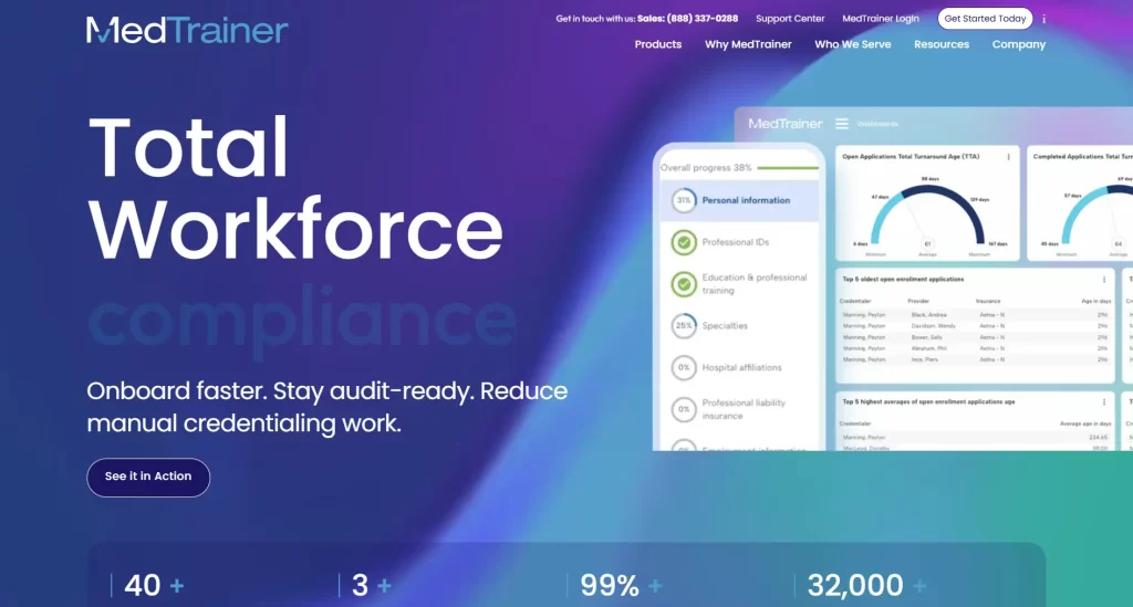 MedTrainer homepage for workforce compliance software.