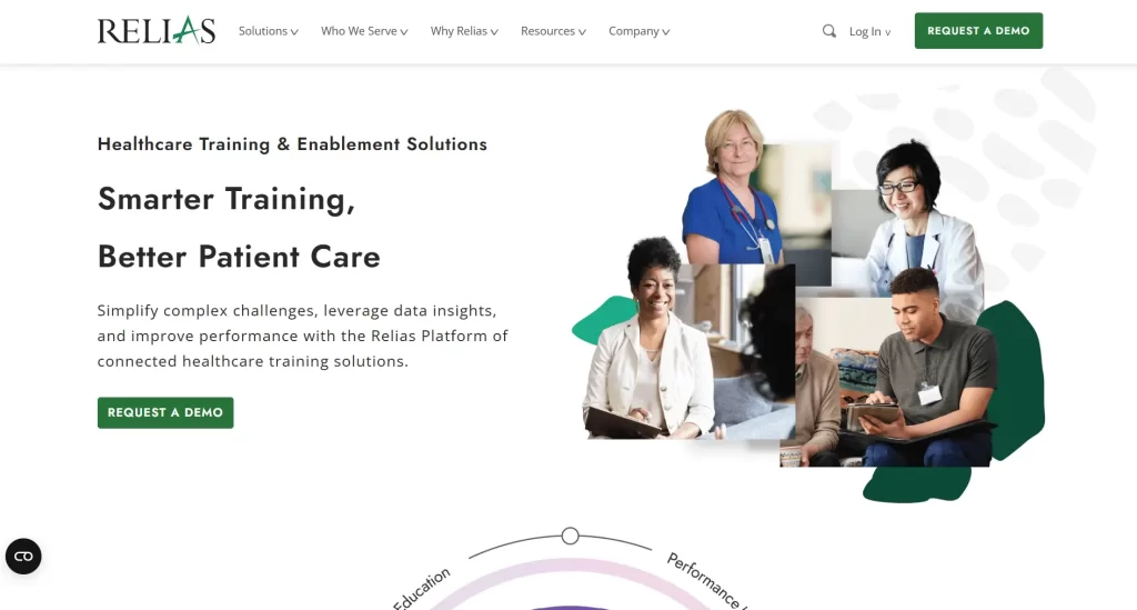 Relias website homepage with healthcare training solutions.