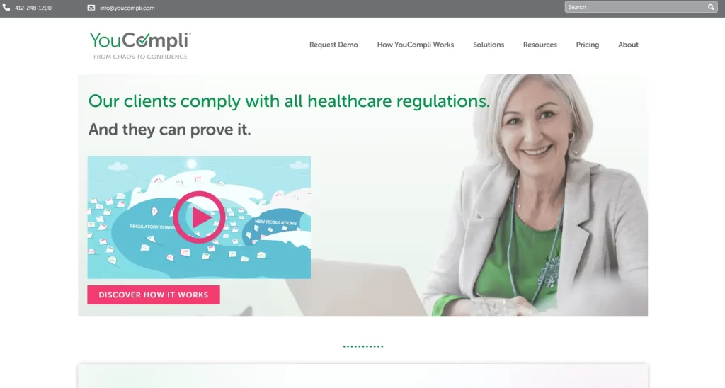 YouCompli website featuring healthcare regulation solutions.