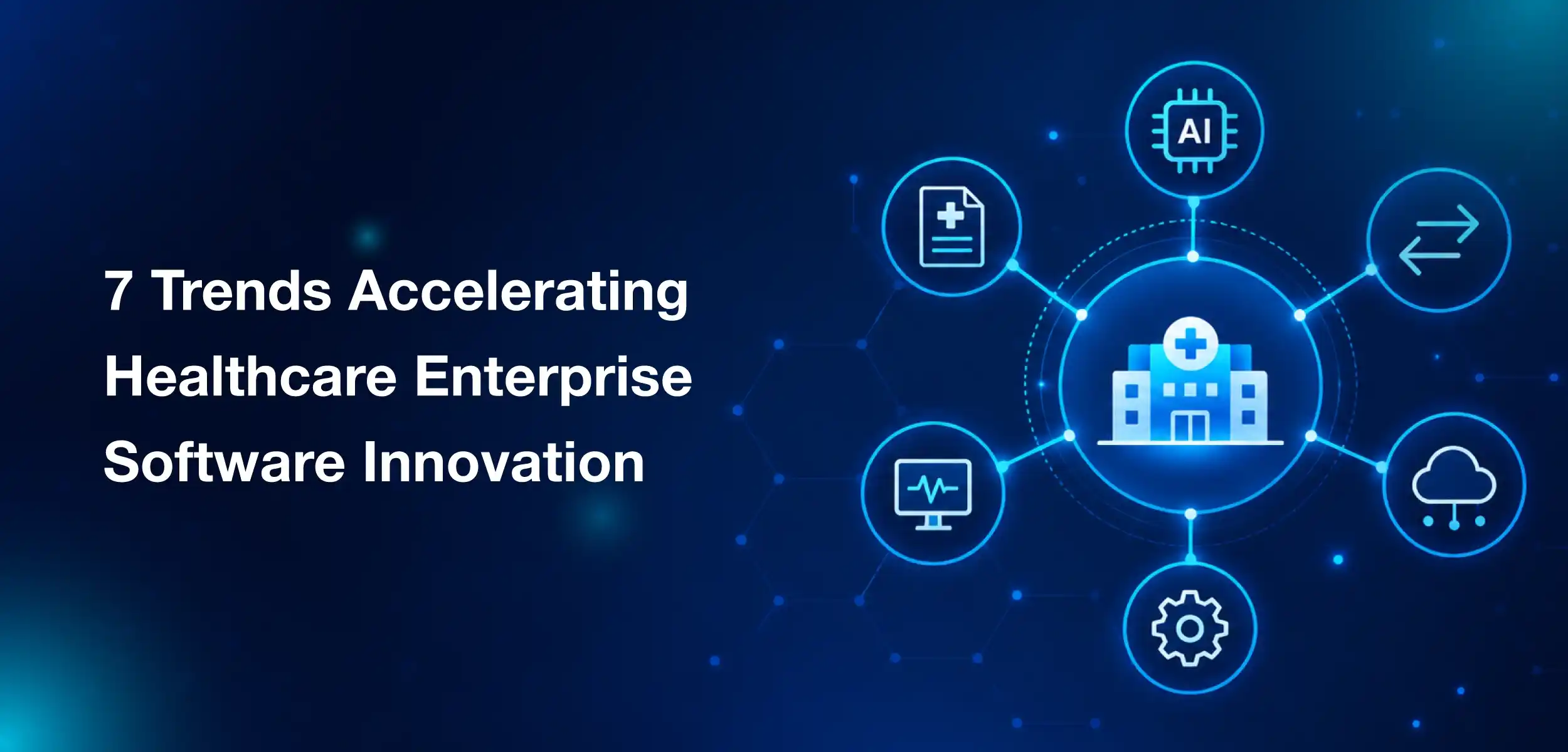 Healthcare enterprise software trends showing AI, interoperability, automation, and connected digital healthcare systems